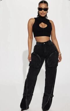 Fashion Nova Got It All Non Stretch Zip Cargo BlackWash Size 15 Jeans NWT